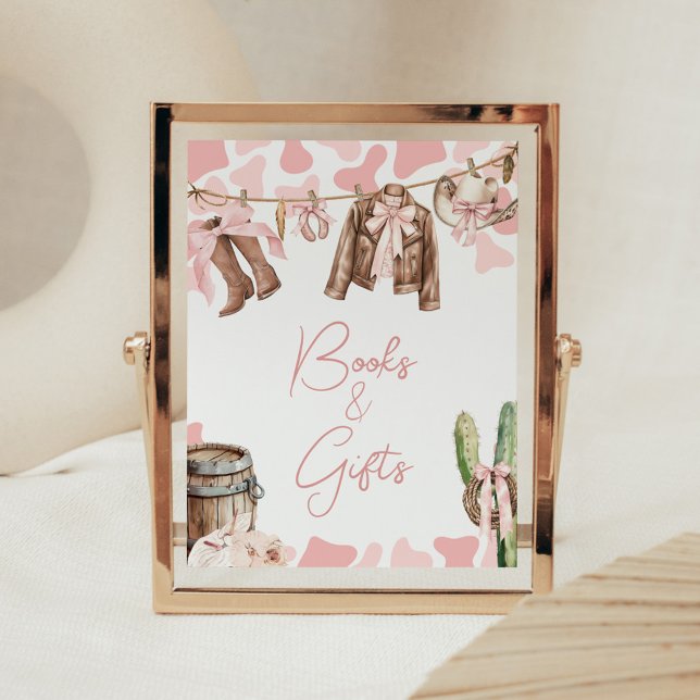 Lite Cowgirl Baby Shower Bokar och presenter Poster (A Little Cowgirl Clothesline Baby Shower Books and Gifts Sign)