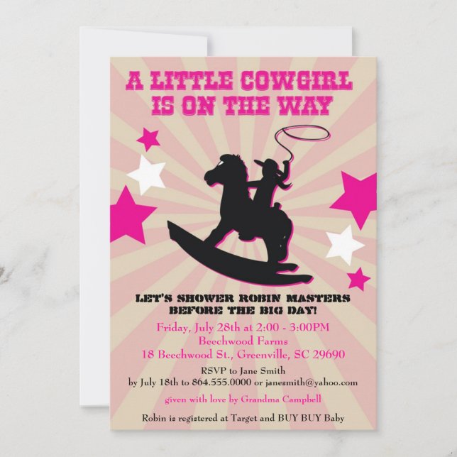 Lite Cowgirlbaby showerinbjudan som vaggar hästen Inbjudningar (Framsida)