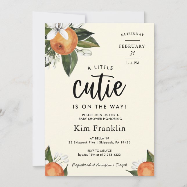 Lite Cutie Clementine Orange BABY SHOWER Invi Inbjudningar (Framsida)