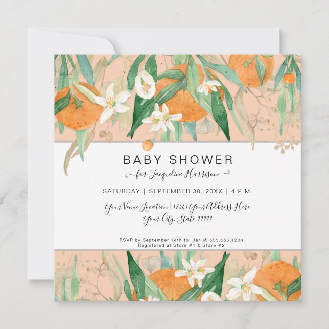 Lite cutie-Orangar i Eucalyptus Baby Shower Inbjudningar (Framsida)