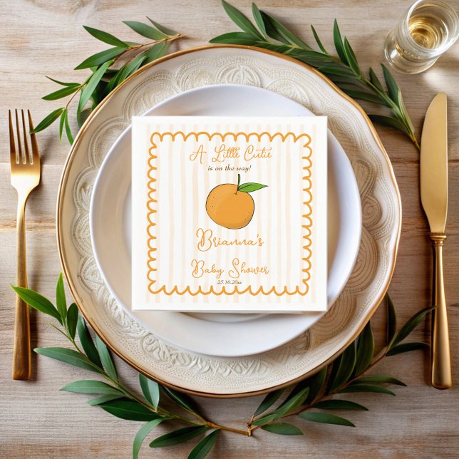 Lite cutisk, vismisk babydusch för citrusfrukter pappersservett (A little cutie whimsical citrus baby shower monogrammed napkins personalized orange table decor)