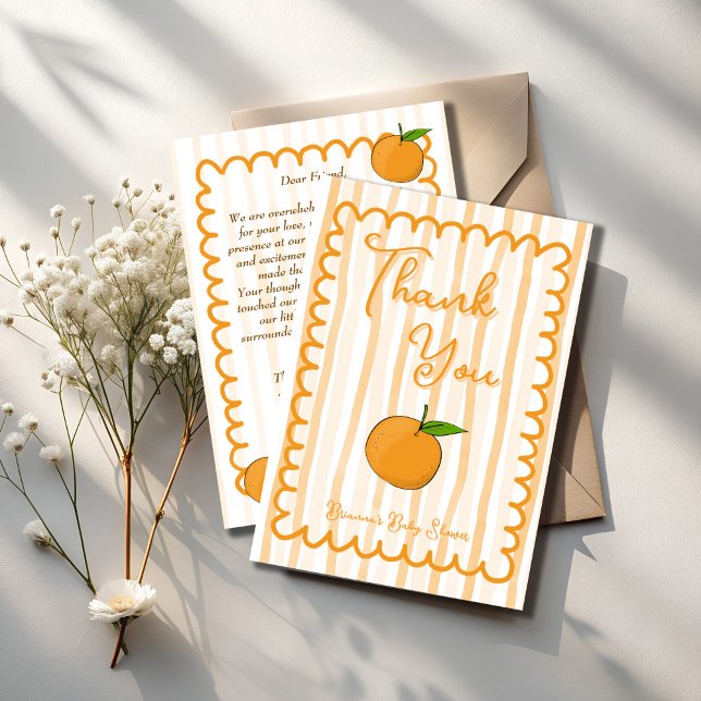 Lite cutisk, vismisk babydusch för citrusfrukter tack kort (A little cutie whimsical orange handrawn wavy border sketch citrus baby shower thank you cards)