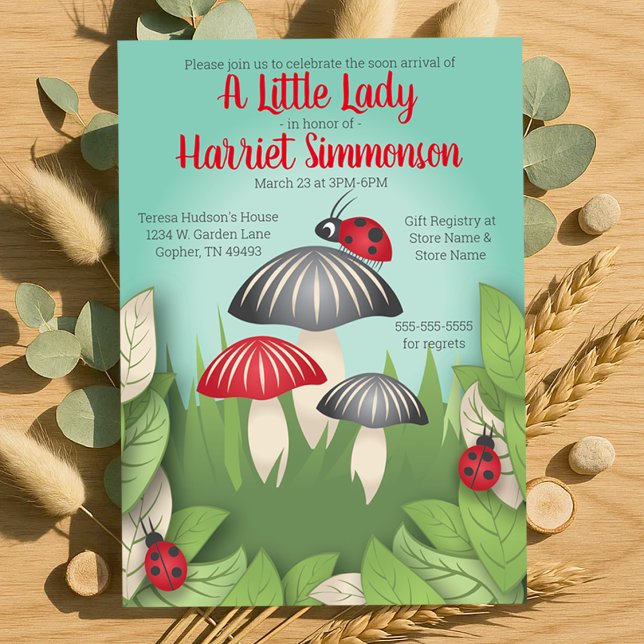 Lite Dam och svamp Whimsique Baby Shower Inbjudningar (A Little Lady and Mushrooms Whimsical Baby Shower Invitation)
