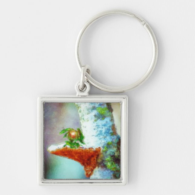 Lite dragon Sleeps Fyrkantig Silverfärgad Nyckelring (Framsidan)