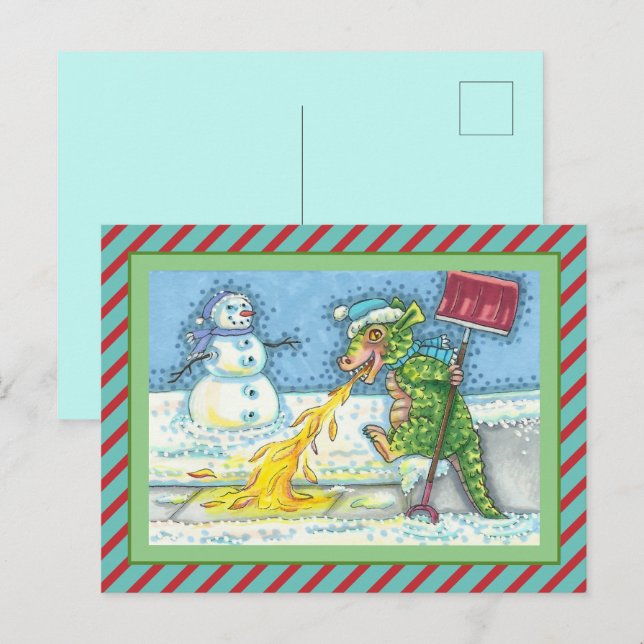 LITE DRAGON SMÄLTER OCH SKYDDA SNÖ, FUNNY CUTE HELG VYKORT (Fram/baksida)