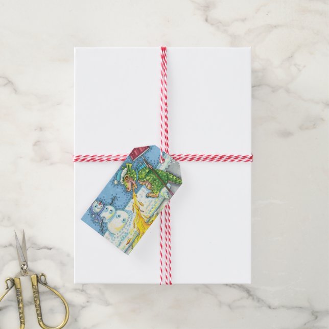 LITE DRAGON SMÄLTER OCH SKYDDA SNÖ, FUNNY CUTE PRESENTETIKETT (Med Snöre)