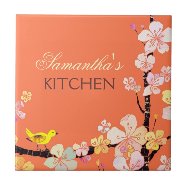 Lite fågel och Sakura blommakök Trivet Deco Kakelplatta (Framsidan)
