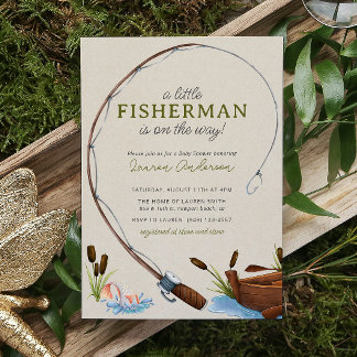 Lite Fisherman Watercolor Script Baby Shower Inbjudningar
