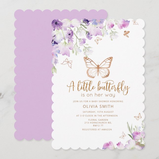 Lite fjäril är på väg mot guld lilac inbjudningar (Fram/baksida)
