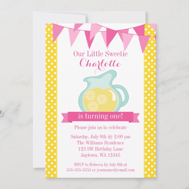 Lite för LemonadeBunting för Sweetie rosa Inbjudningar (Framsida)