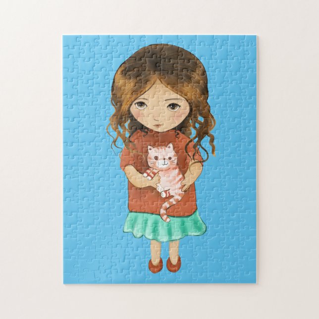 LITE GIRL MED CAT ART JIGSAW PUZZZLE PUSSEL (Vertikal)