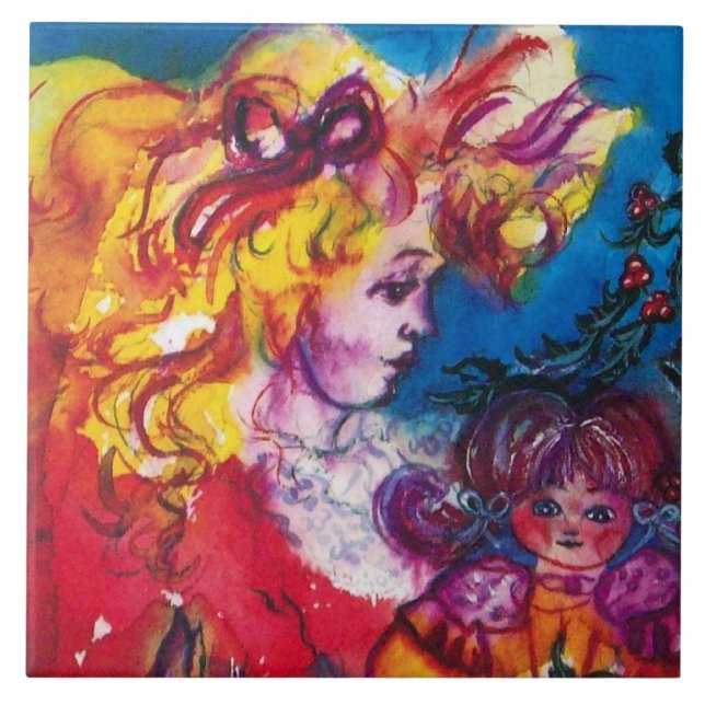 LITE GIRL MED SÖT DOLL Jul Kakelplatta (Framsidan)