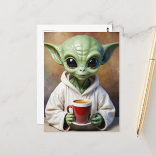 Lite Grönt Alien i PJs med kaffe Vykort