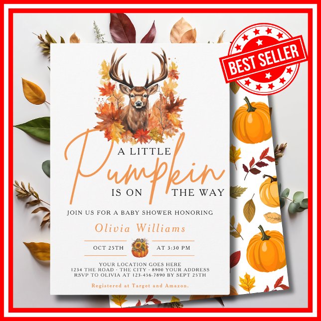 Lite HJORT för hösthösten med knumpor Inbjudningar (A Little Pumpkin is on the Way Fall Autumn CUTE DEER Baby Shower Invitation)