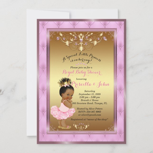 Lite inbjudan för Princess baby shower, rosa, guld (Framsida)