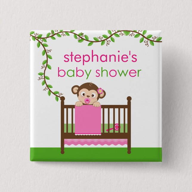 Lite knäppas apan i en lathundflickababy shower knapp (Framsida)