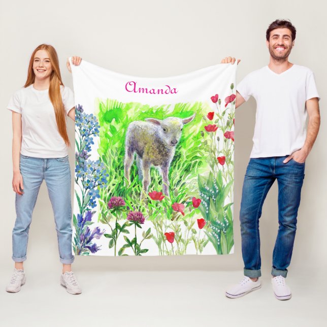 Lite lamm och vilda blommor fleecefilt (På plats)