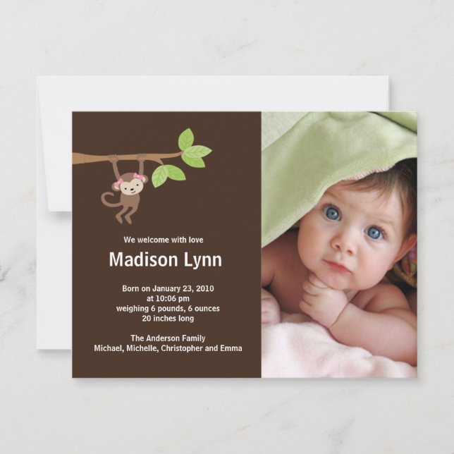 Lite meddelande för foto för apaflickafödelse inbjudningar (Framsida)
