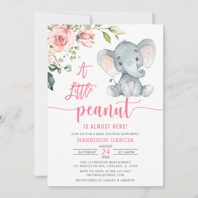 Lite peanut Flicka Elephant Baby Shower Inv Inbjudningar (Framsida)