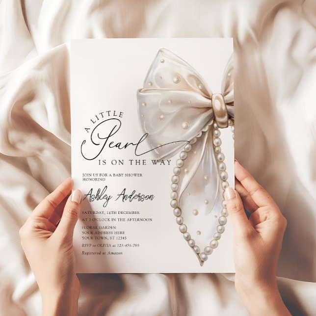 Lite Pearl Neutralt Bow Baby Shower Inbjudningar (Skapare uppladdad)