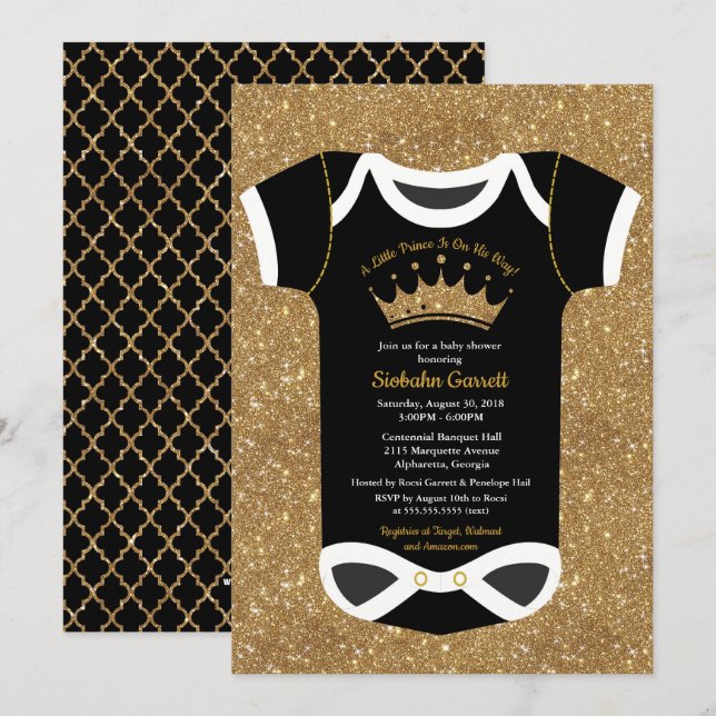 Lite Prince Svärta & kunglig guld- baby shower Inbjudningar (Fram/baksida)