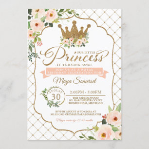 Lite Princess Blommigt & guld- kunglig födelsedag Inbjudningar