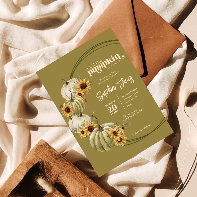 Lite pumpa | Grönt | Solblommor babydusch Inbjudningar (Skapare uppladdad)