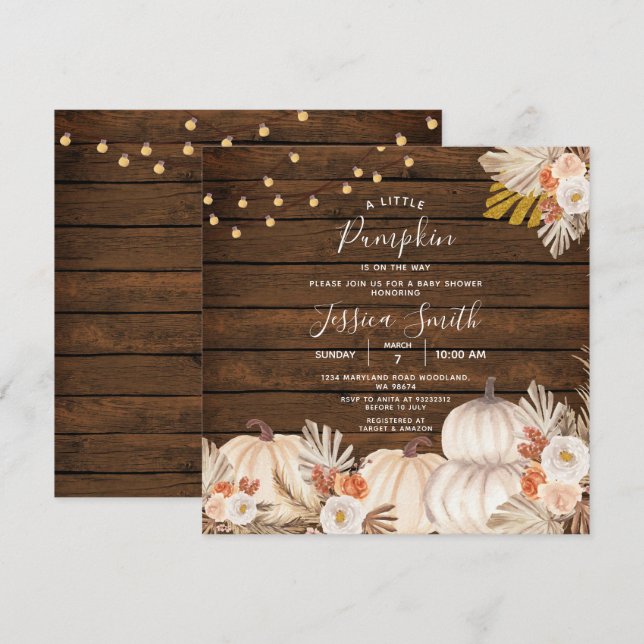Lite Pumpkin Boho Baby Shower Wood Inbjudningar (Fram/baksida)