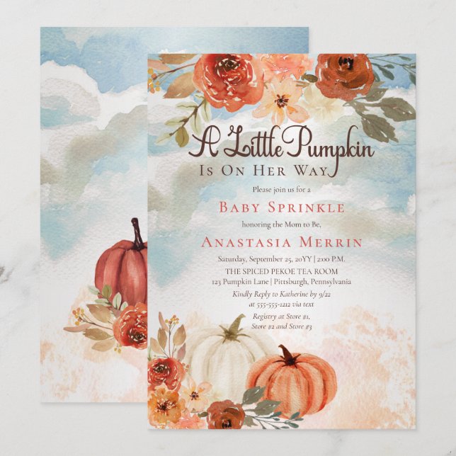 Lite Pumpkin | Fall Blommigt Girl Baby Sprinkle Inbjudningar (Fram/baksida)