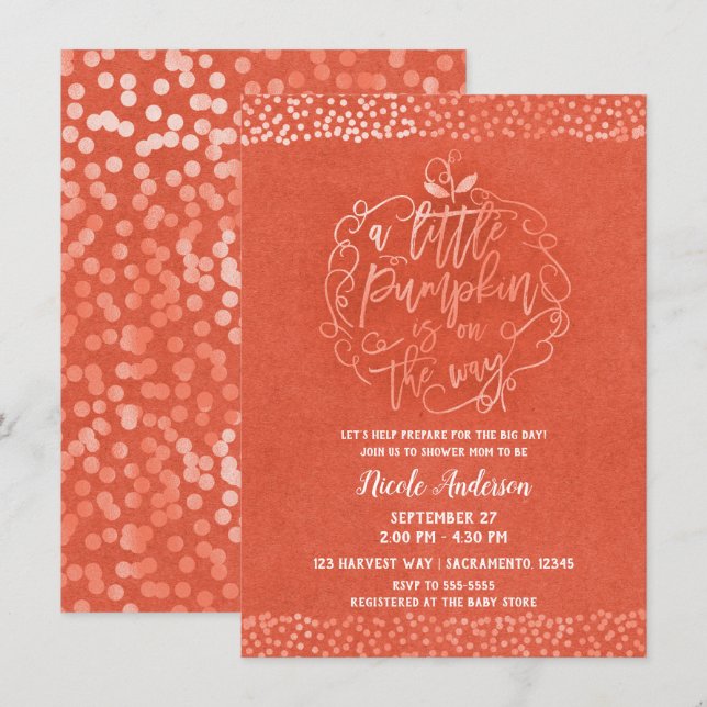 Lite Pumpkin Fall Rustic Orange Baby Shower Inbjudningar (Fram/baksida)