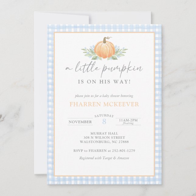 Lite Pumpkin | Gingham | Baby Shower Inbjudan (Framsida)