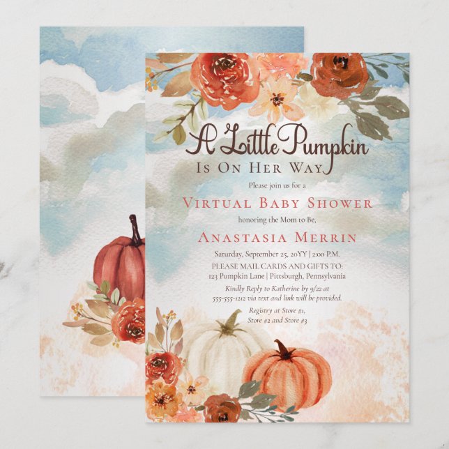 Lite Pumpkin | Virtuella babyskor för Blommigt Fli Inbjudningar (Fram/baksida)