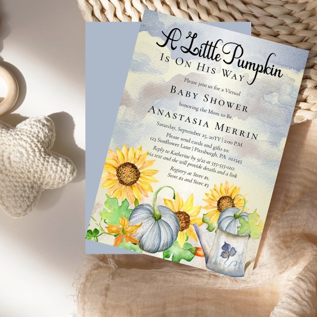 Lite Pumpkin | Virtuella  babyskor för blommor Inbjudningar ("A Little Pumpkin Is On His Way" Blue Pumpkins and Sunflowers Virtual Baby Shower Invitation)