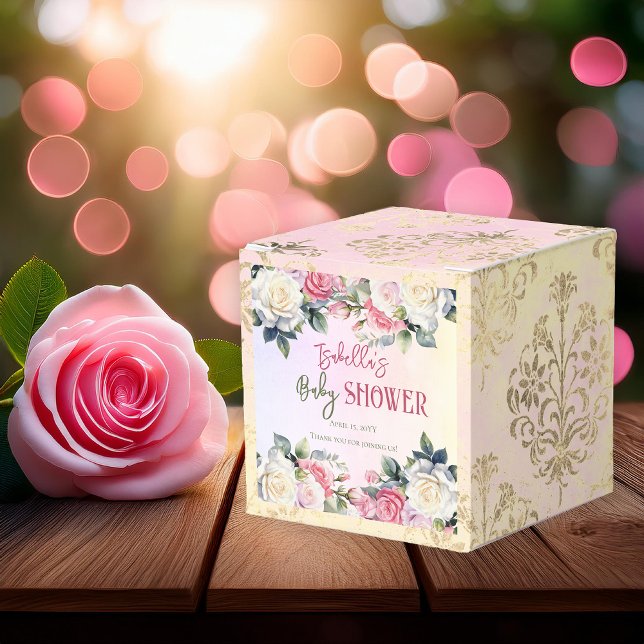 Lite Ro Blommigt Baby Shower Tack Presentaskar (Pink Rose Floral Bouquets Girl Baby Shower Favor Box -- A Little Rose Collection)