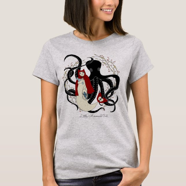 Lite röd katt för ridninghuvasjöjungfru t shirt (Framsida)