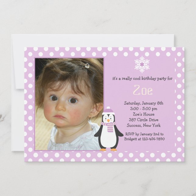 Lite rosa fotoinbjudan för pingvin inbjudningar (Framsida)