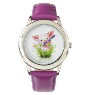 Lite rosa gris i grönt gräs armbandsur
