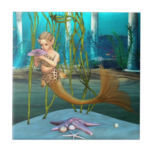 Lite Sjöjungfru med Anemone Flower Kakelplatta (Framsidan)