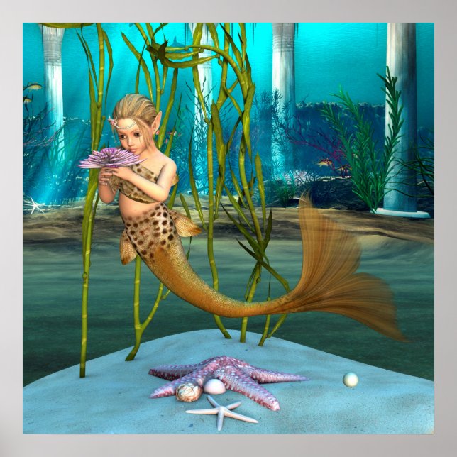 Lite Sjöjungfru med Anemone Flower Poster (Framsidan)