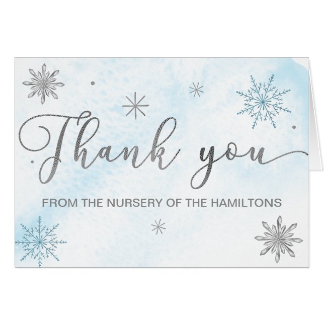 Lite snöflammande blå babyskor Tack Hälsningskort (Framsidan Horizontal)
