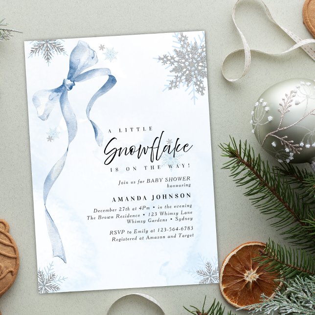 Lite snöflammande Blue Bow Glitter Baby Shower Inbjudningar (Skapare uppladdad)