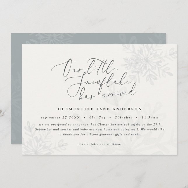 Lite snöflingor blått vinterfoto elegant födelse (Fram/baksida)