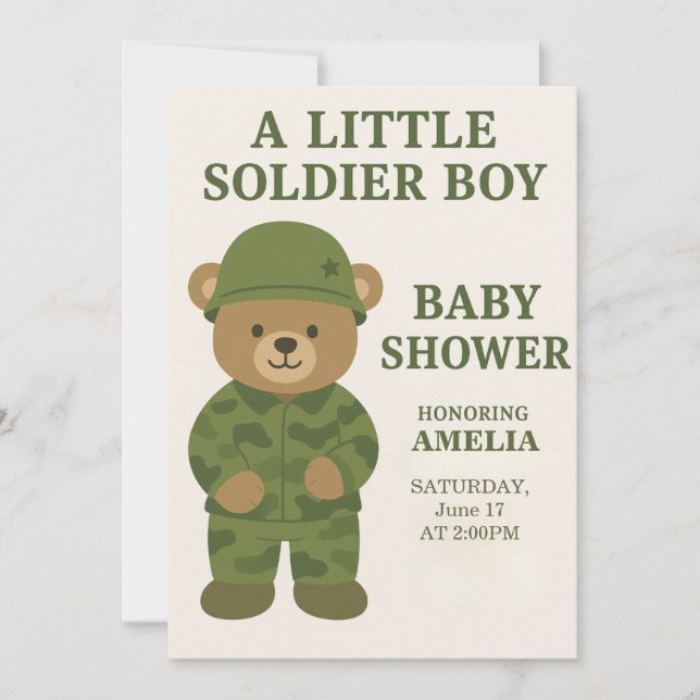 Lite Soldat Boy Nalle Baby Shower Inbjudan (Framsida)