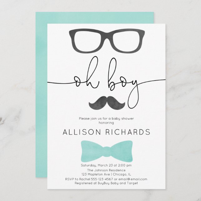 Lite svart för grå färg för aqua för manpojkebaby inbjudningar (Fram/baksida)