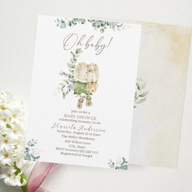 Lite trasa baby och eucalyptus vattenfärgsbab inbjudningar (Skapare uppladdad)
