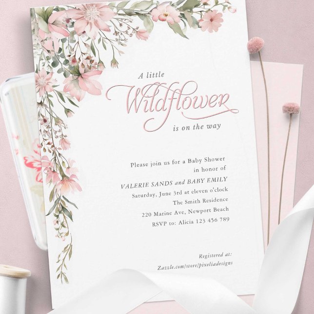 Lite vildblommor Rosa Blommigt Flicka Shower Inbjudningar (Pink wildflower and elegant calligraphy style, Baby Girl shower invitation.)