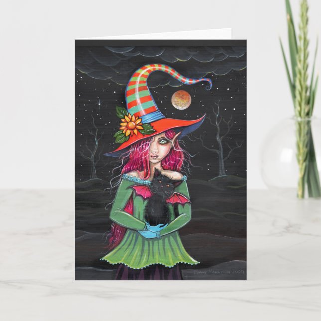 "Lite vingar kort för katt för Halloween häxa (Framsida)