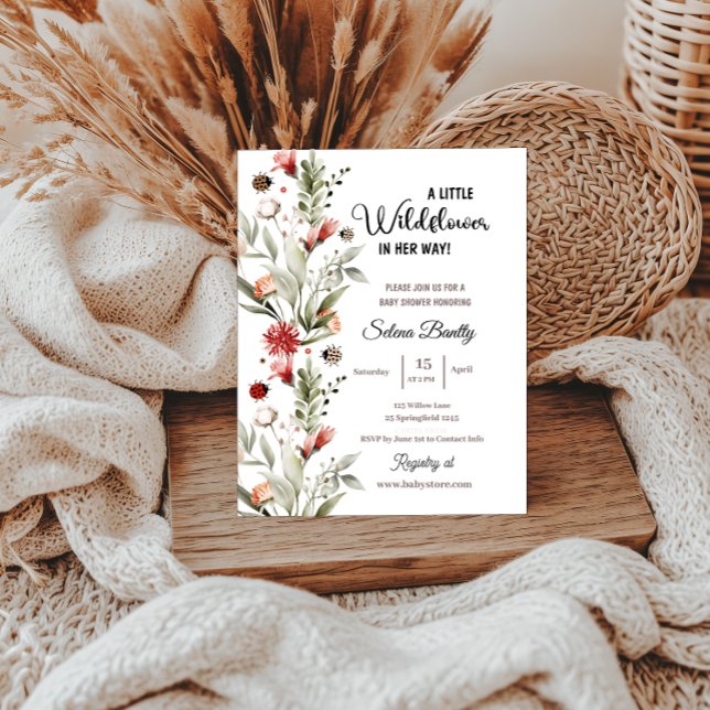 Lite Wildblomma Flicka Shower Ladybug Inbjudningar (baby shower invitations a little wildflower watercolor floral for her boho)