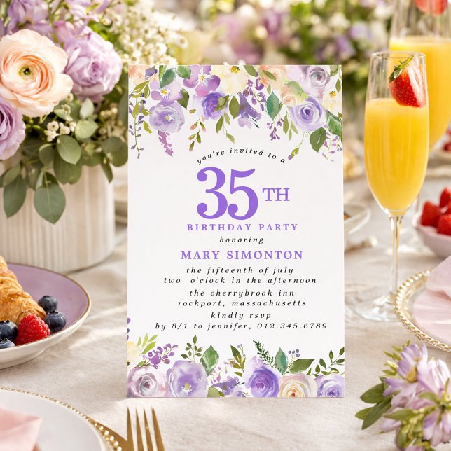 LITEN 35-årsfest Lila Ros Blommig Inbjudningar (Skapare uppladdad)