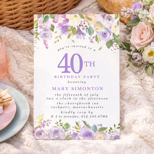LITEN 40-årsfest Lila Ros Blommig Inbjudningar (Skapare uppladdad)